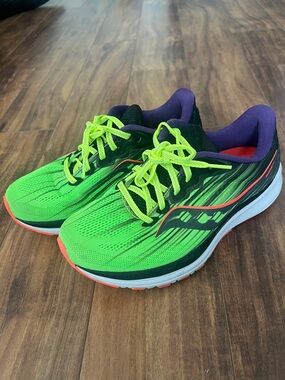 Saucony Bright Green Running Shoes with Purple Collar and Coral Trim